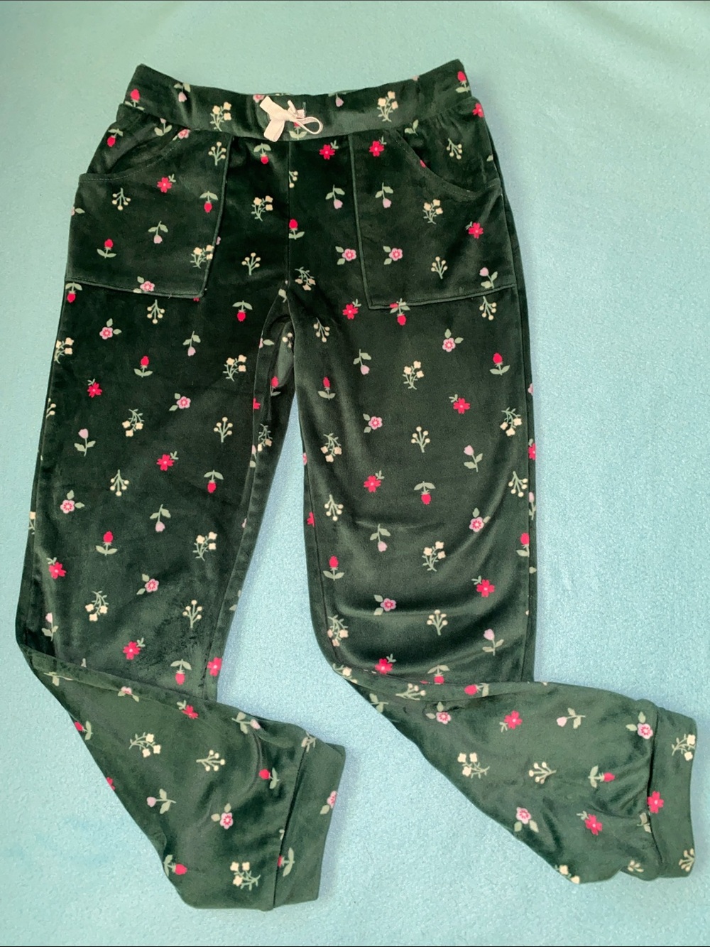 CAT & JACK velvet floral print pull on joggers drawstring green NEW size L 10-12